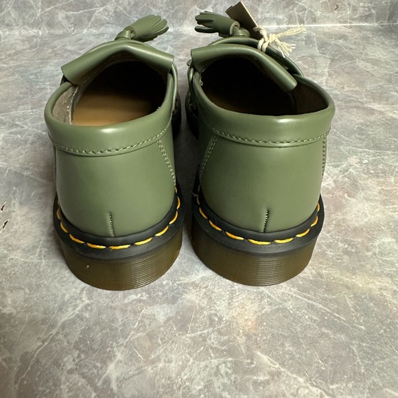 Dr Martens Docs Adrian Yellow Stitch Leather Tassel Loafers Khaki Green - Picture 2 of 6
